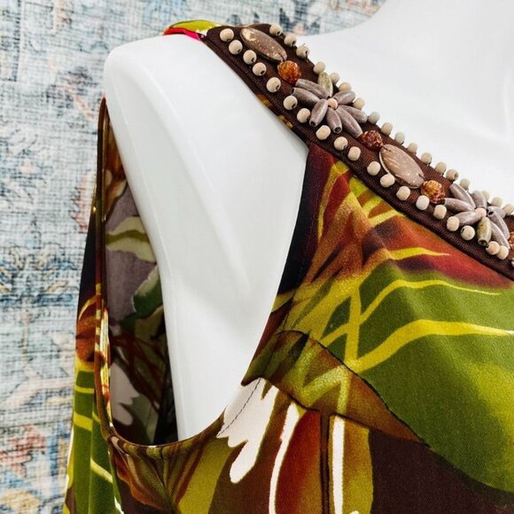 Connected Woman Beaded Neckline Dress Size 20W Tropical Print Brown, Green, Red - Picture 5 of 11